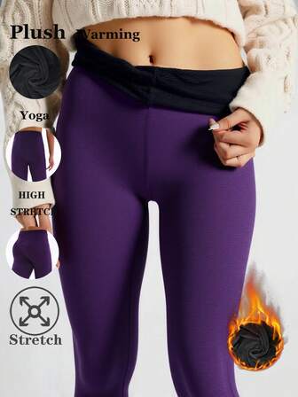 Women's Thermal Lined Leggings, High Stretch & Soft, Purple Skinny Pants, Comfortable For Home, Exercise, Yoga, Outdoor Activities, Casual Wear, Suitable For Autumn/Winter