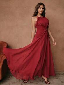 Savoree Elegante abito midi rosso con spalline a spaghetti, vita arricciata e balza sul fondo, abito da festa formale di alta gamma