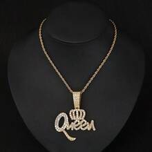 Hip Hop Zinc Alloy Crown QUEEN Letter Full Diamond Pendant Elegant Personality Necklace Jewelry