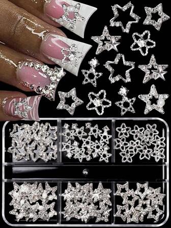 60 st. nya Y2K-stil silvermetall strass pentagram nagelkonst smyckestillbehör set, mycket charmiga 3D nagellegering pentagram dekorativa lappar, handgjorda gör-det-själv konst dekorativa tillbehör, 3D handgjorda dekorativa smycken, nagelkonst strass och dekorativa juveler presentask