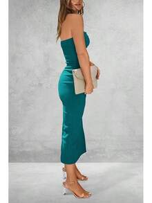 Women's Summer Bodycon Maxi Tube Dress Ribbed Strapless Side Slit Long Going Out Casual Elegant Party DressesHalloween Christmas New Year - 藍綠色 - 查看 2