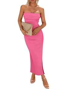 Women's Summer Bodycon Maxi Tube Dress Ribbed Strapless Side Slit Long Going Out Casual Elegant Party DressesHalloween Christmas New Year - 玫瑰粉紅 - 查看 1