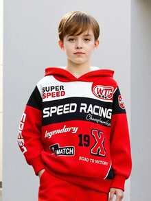 2pcs/Set Teenage Boys' Letter Print Hooded Sweatshirt And Pants, Street Fashion Knit Long Sleeve Top And Trousers, Suitable For Spring, Autumn And Winter - 紅色 - 查看 4