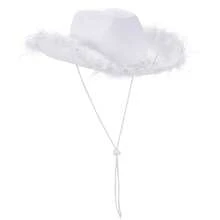 Womens Cowboy Hat, Adult Solid Color Furry Trim Wide Brim Hat Female Cap For Dating Party - White Silver Thread - View 3