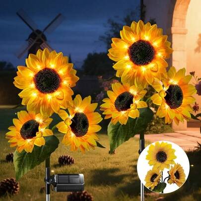 2-Pack Solar Sunflower Garden Lawn Lights, Warm And Dreamy Fairy Lights, Bright Yellow Flower Decorations, Suitable For Courtyards, Lawns, Gardens, Sidewalks, Paths, Weddings, Parties, Halloween, Christmas Holiday Atmosphere Decorative Lights