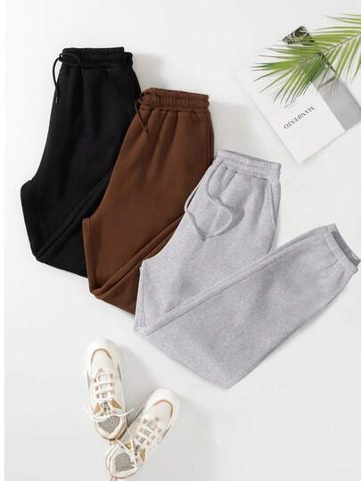 3件套女士休闲抽绳运动裤套装，保暖慢跑裤，适合居家、户外活动、秋冬春季徒步穿着