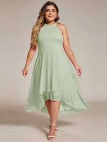 Đầm chiffon thanh lịch không tay, hở lưng, vạt bất đối xứng, thích hợp làm đầm dự tiệc cưới, đầm phù dâu mùa xuân. - Màu xanh Bạc hà - Xem 1