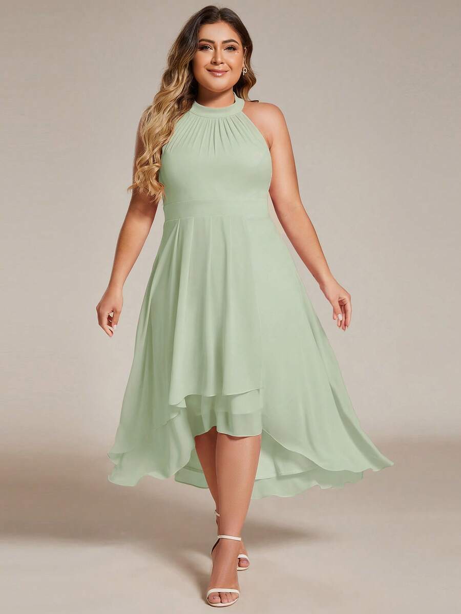 Đầm chiffon thanh lịch không tay, hở lưng, vạt bất đối xứng, thích hợp làm đầm dự tiệc cưới, đầm phù dâu mùa xuân. - Màu xanh Bạc hà - Xem 1