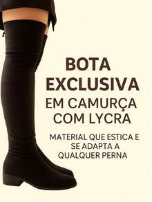 Bota Feminina Over Camurça The Knee Bico Quadrado Salto Baixo - Bota Cano Alto - Preto - Visão 4