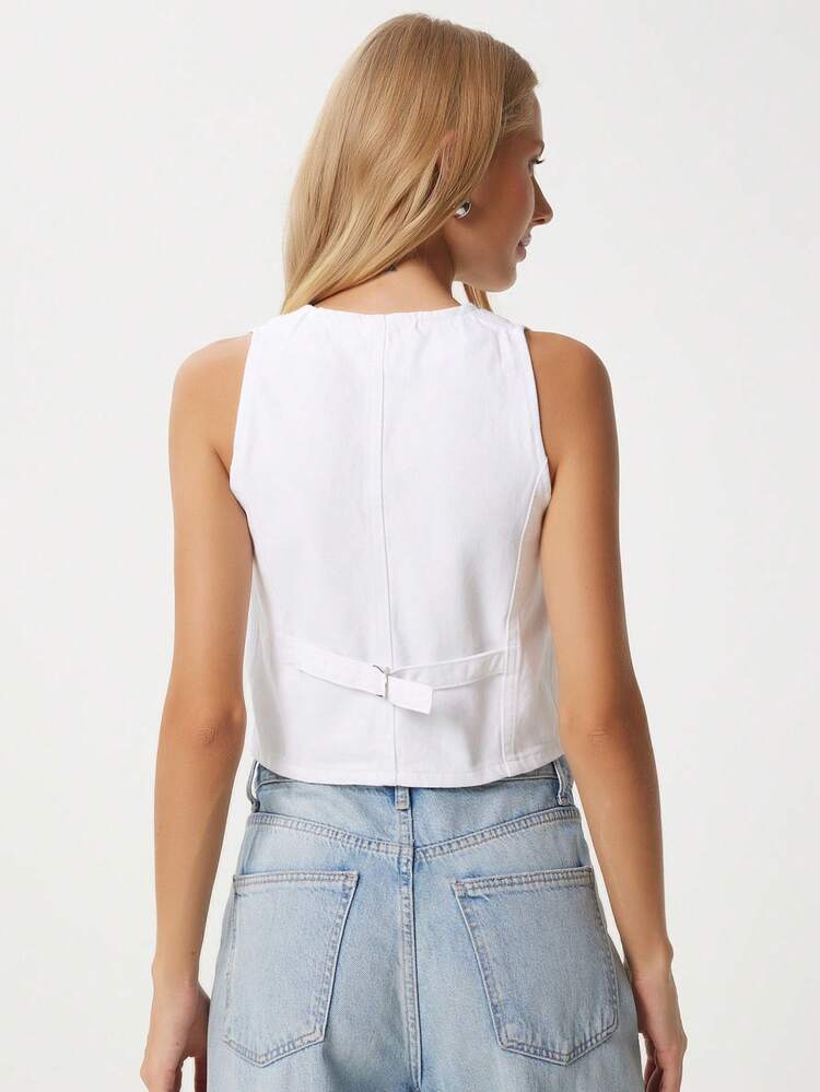 Solid Color Casual Front Button Zipper Pocket - White - View 3