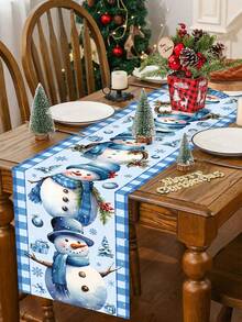 1pc 35x180cm Christmas Polyester Tablecloth, Vintage Blue Polyester Tablecloth, Snowman Pattern Decorative Tablecloth, Reusable, Home Decor Fabric For Holiday Family Gathering, Dining Table, Coffee Table Celebration Necessity - Multicolor - View 9