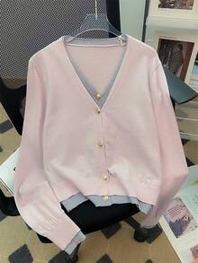 Korean Style Sweet & Cute Girl Slouchy Splice V-Neck Contrast Color Long Sleeve Sweater Cardigan, Spring/Autumn - Pink Gray - View 7