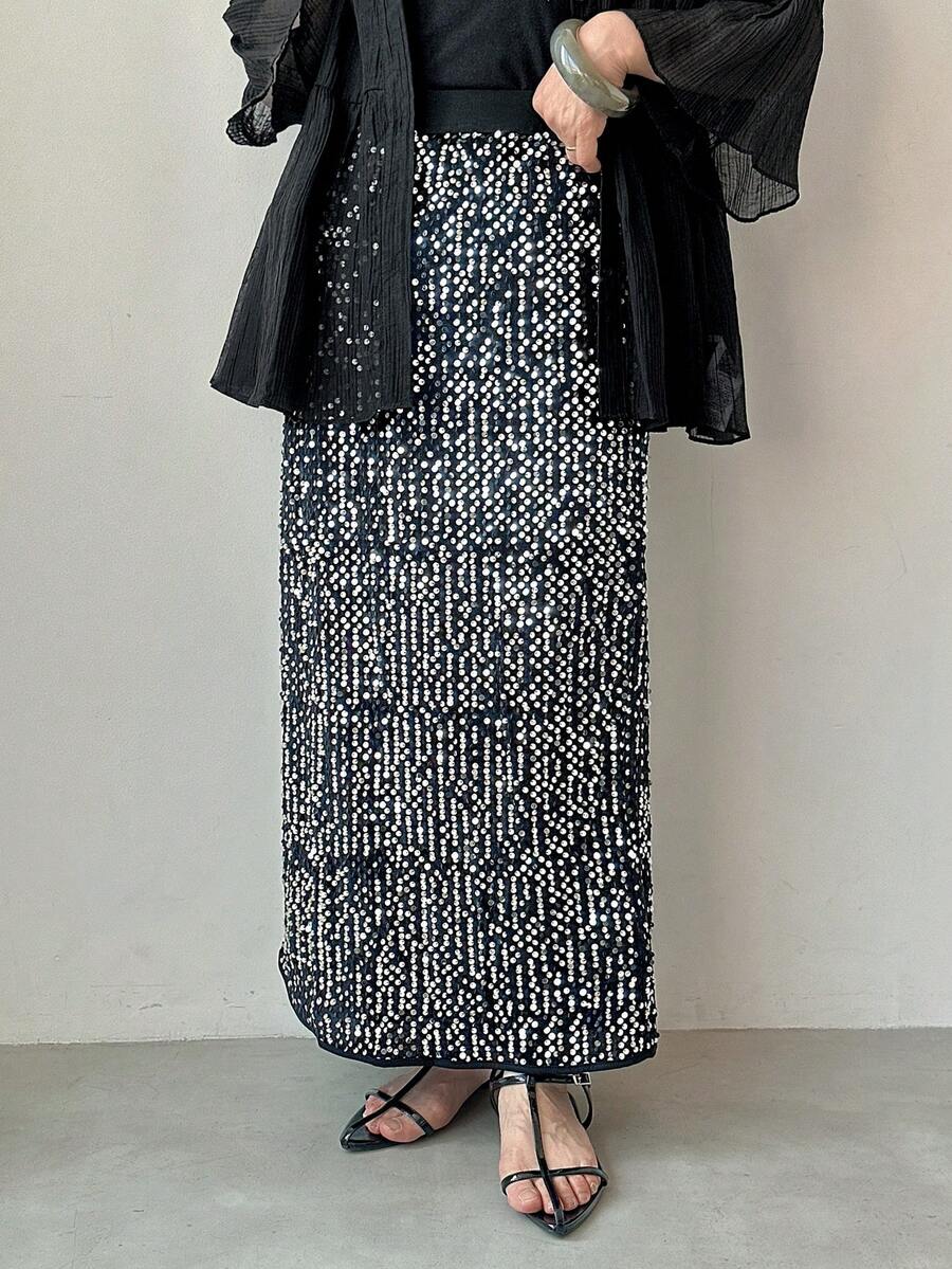 FRIFUL 女士直筒亮片装饰极简半身裙，休闲新年嘉年华女装 - 黑色 - 查看 1