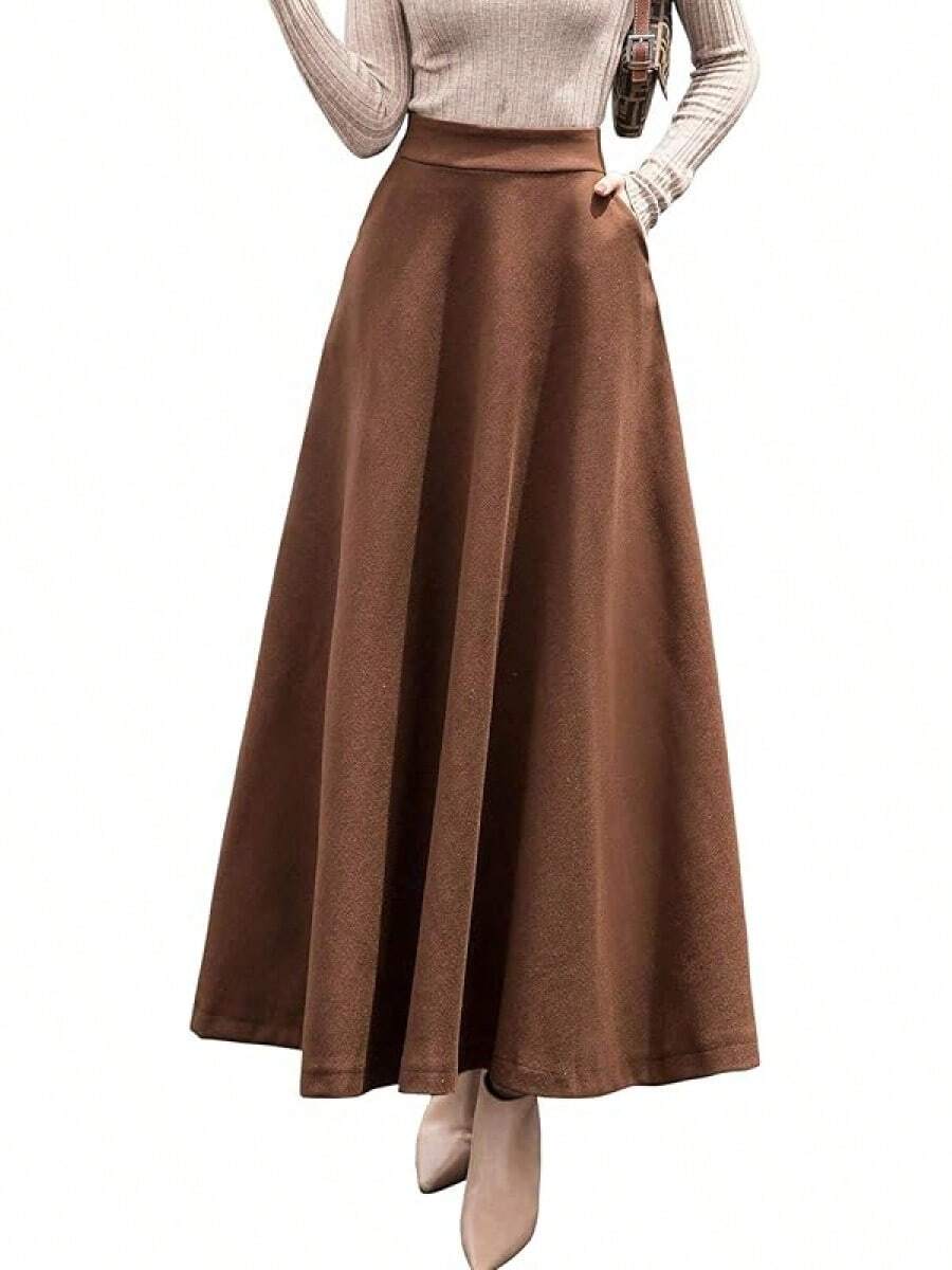 Women's Fall Winter A-Line Swing Pleated Long Maxi Skater Skirt, Wool, Style - Nâu túi - Xem 1