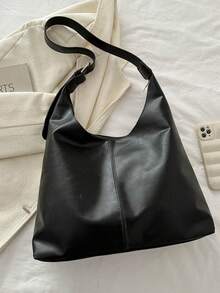 全新百搭纯色 PU 斜挎包，休闲简约法棍包，大号 - 黑色 - 查看 3