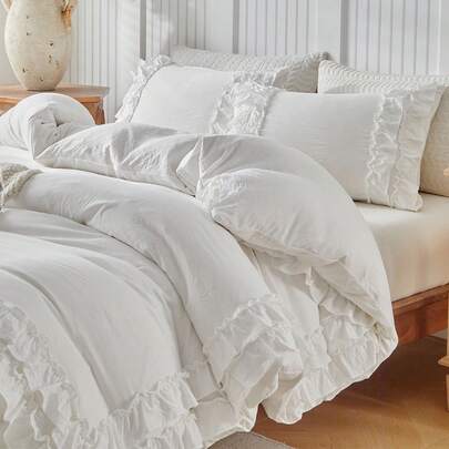 2/3pcs White Duvet Cover Set, Shabby Chic Bedding Set Soft Breathable Washed Microfiber Ruffle Duvet Cover Cute Comforter Cover Girls Women (1 Duvet+ 1/2 Pillowcases)