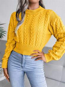 Women's Cable Knit Crew Neck Long Sleeve Cropped Pullover Sweater, Casual For Autumn/Winter - 黃色 - 查看 3