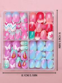 NAIO 96pcs/Set Kids Press On Nails Acrylic False Nails Pre-Glued Full Cover Glitter Cute Gradient, Five-Pointed Star, Butterfly, Unicorn And Other Elements Short Children's Stick-On False Nails Set For Kids Little Girls - Cute Spring And Summer Gradient Butterfly Theme