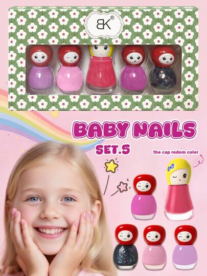 儿童水性可剥指甲油套装，快干指甲油，适合女孩、青少年的水性可剥指甲油，1 套 4 件 * 5ML 和 1 件 * 10ML 可剥指甲油，The Cap Redom 颜色，红色、粉色、橙色、黄色、绿色指甲油，美甲沙龙，美甲用品，儿童礼物，女孩，指甲油