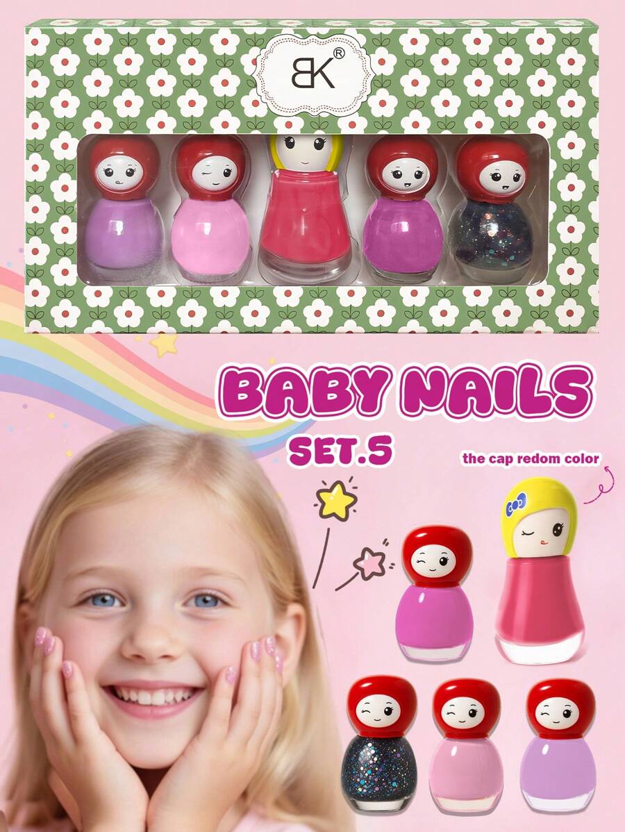 儿童水性可剥指甲油套装，快干指甲油，适合女孩、青少年的水性可剥指甲油，1 套 4 件 * 5ML 和 1 件 * 10ML 可剥指甲油，The Cap Redom 颜色，红色、粉色、橙色、黄色、绿色指甲油，美甲沙龙，美甲用品，儿童礼物，女孩，指甲油