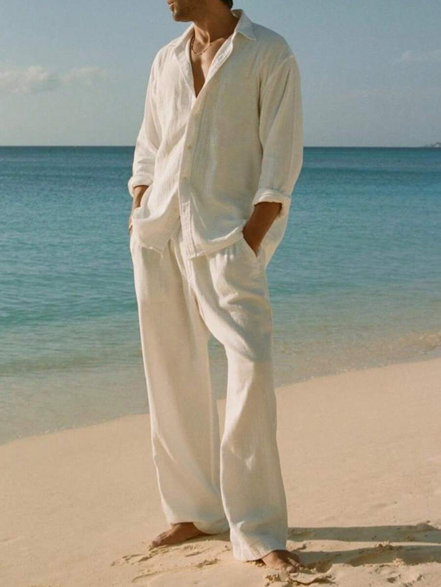 Herren Lässig Einfarbiges Set mit Hemd mit Umlegekragen und Langarm, durchgehend offen, mit Tunnelzug an der Taille und Hose, 2-teiliger Anzug, vielseitig und essentiell für Business-Outfit, Herbstkleidung, gemütliche Outfits