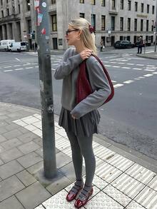 Suéter casual folgado de cor sólida cinza estilo universitário de manga comprida - Cinza - Ver 2