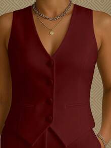 Women's Basic Tailored Vest Animal Argyle Bamboo Bat Beach Butterfly Knot Car Cartoon V-Neck Print Christmas Color Block Casual Woven Fake Pockets Vest Evening Holiday Daily Birthday Party Formal & Evening Travel Brunch Tea Party Stage & Concert All - 酒紅色 - 查看 2