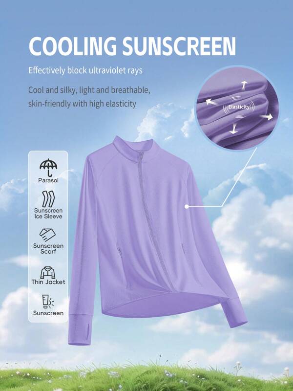Women Plus Size Summer UPF 50+ UV Breathable Jacket With Pockets Outdoor Clothing Stand-Up Collar Sun-Protective Jacket