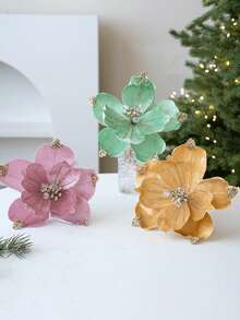 1pc Christmas Poinsettia Glitter Faux Flowers Elegant Christmas Artificial Flowers For Xmas Wreath Floral Decorations Luxury Xmas Tree Topper Christmas Tree Ornaments Holiday Home Party Decorations Home Decor Christmas Decorations Room Decor Winter