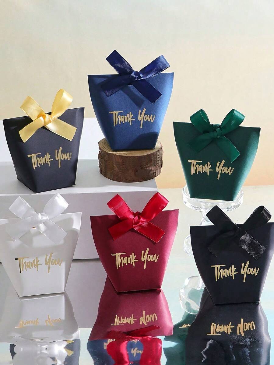 10pcs White Ribbon Candy Box Celebration Elegance: Premium Paper Gift Box With Gold 'Thank You' | Exquisite Ribbon | Perfect For Christmas, Weddings, Baby Showers, And More - White - View 1