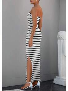Women's Summer Bodycon Maxi Tube Dress Ribbed Strapless Side Slit Long Going Out Casual Elegant Party DressesHalloween Christmas New Year - 寬條紋黑白 - 查看 6