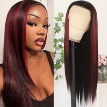 13X4 Purple Hair Synthetic Lace Front Wigs 26 Inch Pre Plucked Long Straight Hair Wigs 13X4 HD Lace Wigs Glueless Dark Purple Colored Wigs Heat Resistant Halloween Wigs Deep Purple Long Silky Straight Lace Front Wigs For Fashion Women For Daily Christmas Party Cosplay Use - 挑染紅色 - 查看 2