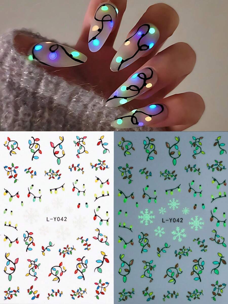 2 pezzi Adesivi per unghie natalizi con lanterne luminose a forma di fiocco di neve, lampadine colorate che brillano al buio, per celebrazioni e feste di Capodanno, accessori per unghie fosforescenti