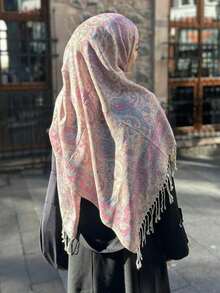 1 pezzo Sciarpa da donna stile boho con nappine, scialle jacquard con motivo paisley, hijab in pashmina con motivo a pietra, serie rosa, vari motivi raffinati, adatto come regalo, adatto per uscite autunnali e invernali - Rosa - Visualizzare 3