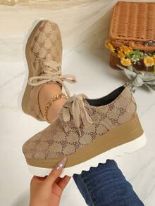 2025 Women's New Dual-Color Sole Platform Shoes, Round Toe Lace-Up Casual/Athletic Style Shoes, Black, Thick Sole, Wedge Heel, Height Increasing, Suitable For Autumn - Brown - View 3