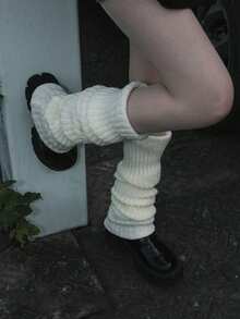 1 Pair Women's Solid Vertical Striped Knit Thigh High Socks, Cute JK Style Leg Shaping Socks Suitable For Daily/Lolita Outfits