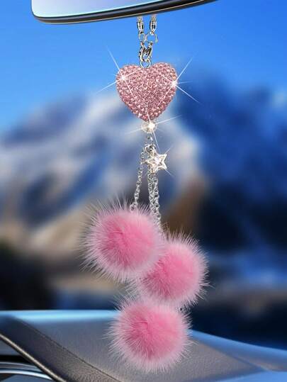 1pc Diamond Encrusted Heart Shaped Pendant Car Rearview Mirror Charm, Women's Car Accessory, Auto Decor