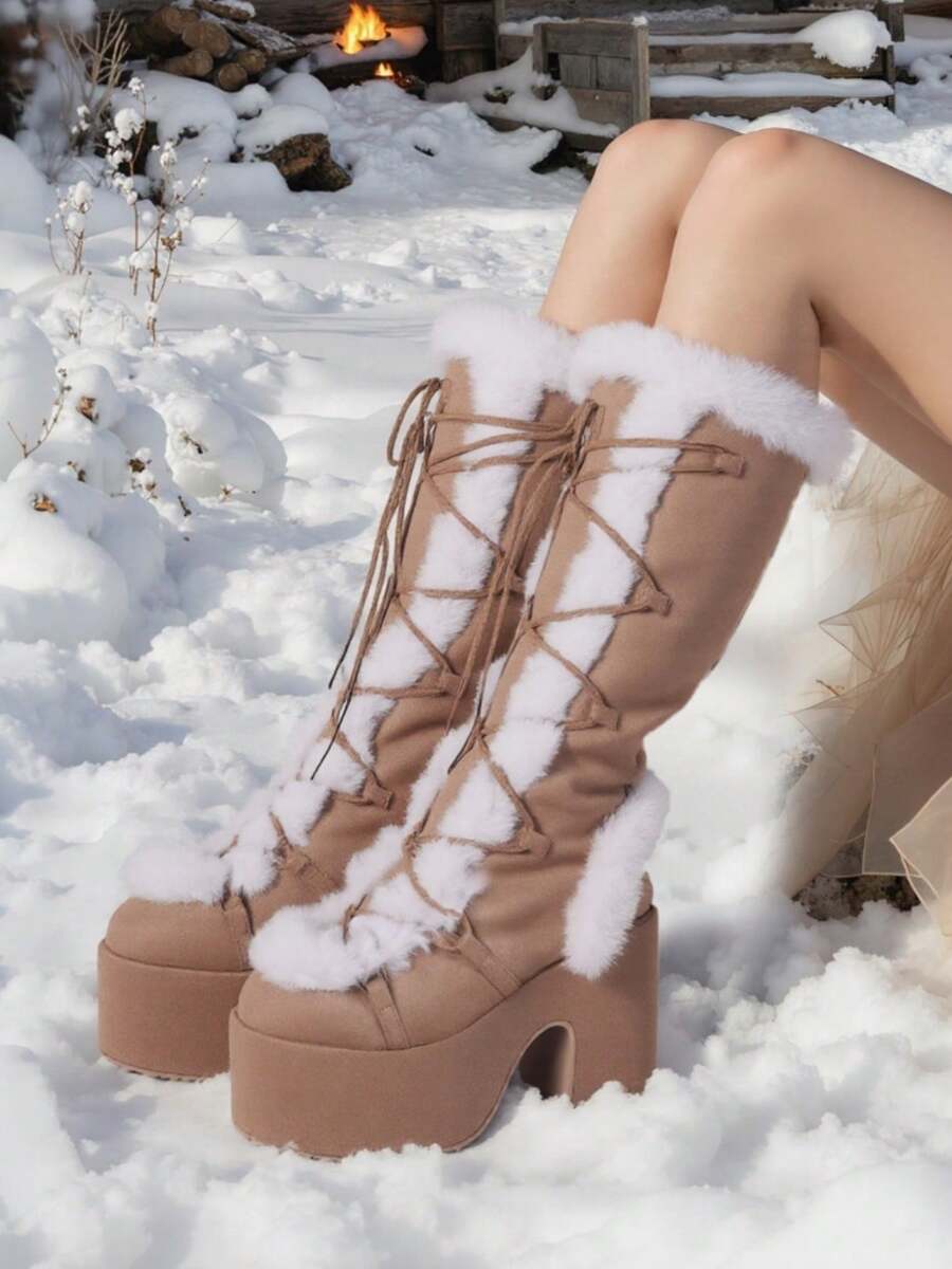 Fall Boots For Women Knee High Boots Side Zipper Warm Fur Platform Chunky Heel Platform Heel Punk&Y2K Style Christmas Shoes Snow Boots Winter Outfit For Women - 杏色 - 查看 1