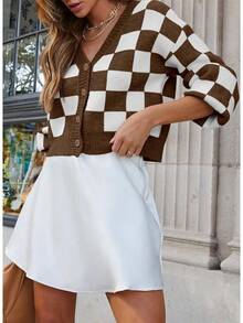 Women's Checkered Button Down Long Sleeve Knit Cropped Cardigan Sweater Tops, Style - 棕色 - 查看 7