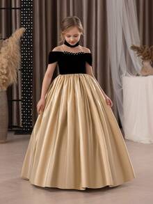 Abito elegante da ragazza pre-adolescente con patchwork dorato, spalle scoperte, fatto a mano con perline, adatto per feste di compleanno, balli, lauree, damigella d'onore, matrimoni - Nero e oro - Visualizzare 11