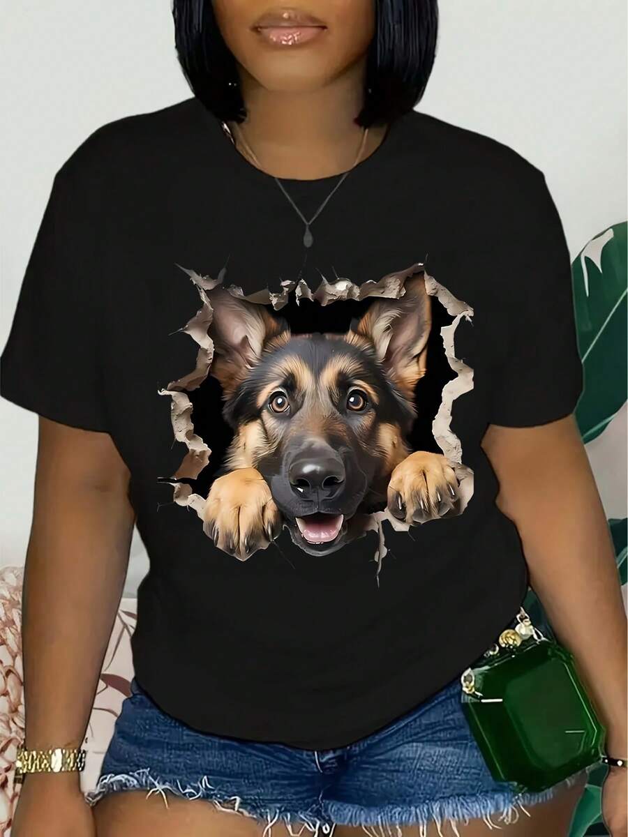 Women's Playful German Shepherd Torn Paper Graphic T-Shirt - Soft Stretch Round Neck Casual Tee, Machine Washable All-Season Comfort Fit For Casual Attire, Cute T Shirts, Relaxed Fit Tee, Nontran - 黑色 - 查看 1