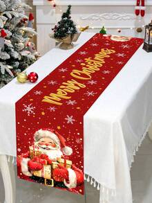 1pc 35x180cm Christmas Polyester Tablecloth, Santa Claus Polyester Tablecloth, Red Background Decorative Long Tablecloth, Christmas Merry Christmas Holiday Party Dining Table Coffee Table Long Cloth, Suitable For Home Holiday Atmosphere Decoration - Multicolor - View 3