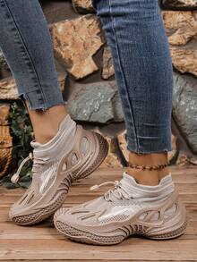 全新透气轻质网眼针织系带休闲鞋，可水洗女士运动鞋，跑步鞋，步行鞋，路跑鞋 - 卡其色 - 查看 2
