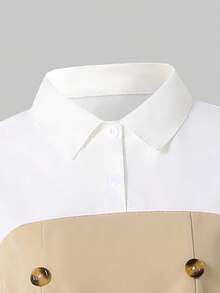 Casual Teen Girl Long Sleeve Dress, Spring/Autumn, Elegant & Comfortable, Khaki + White Splice With Belt - Khaki - View 6