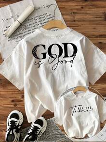 [Front And Back Double-Sided Print] Simple Style Text Religious Expression GOD Is Good Printed Short-Sleeved Crew Neck Cotton T-Shirt - White - View 1