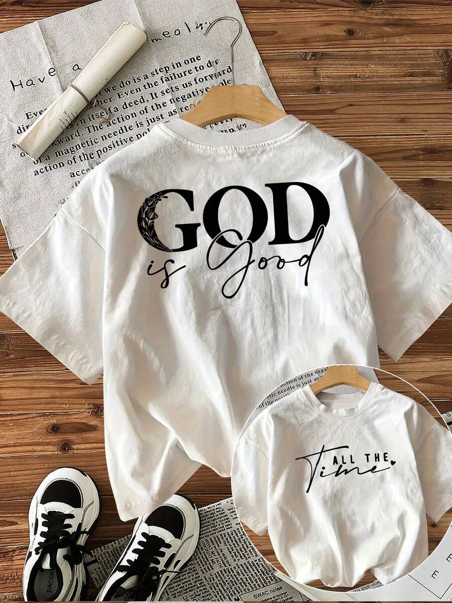 [Front And Back Double-Sided Print] Simple Style Text Religious Expression GOD Is Good Printed Short-Sleeved Crew Neck Cotton T-Shirt - White - View 1
