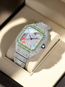 DAYAND NIGHT Luxury Brand Fully Iced-Out Quartz Wristwatch, Unisex Casual Business Watch With High-Quality Rhinestones, Large Size, Multi-Color Options, Versatile For Party, Formal Occasions Or Daily Wear. Perfect Gift For Valentine's Day, Anniversary Or Birthday. Silver Watch, Suitable For Christmas, Halloween