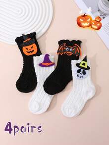 4 Pairs Baby & Toddler Cartoon Funny Twisted Pattern Mid-Calf Socks, Suitable For Halloween And Holiday Matching - Multicolor - View 1
