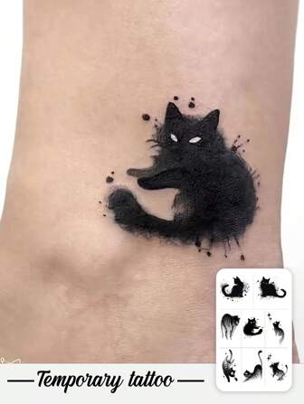 防水&汗に強い かわいいペット用一時的タトゥー、インクウォッシュ ブラックキャット パッチワークデザイン、洗えるフェイクタトゥーステッカー、PVC素材、Y2Kスタイル ミニマリストパターン、汗に強い、アニマルフェイクタトゥー、ボディアート一時的タトゥー、日常使いに適しています