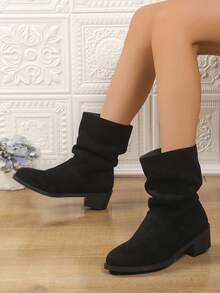 Women's Fashion Short Boots, Foldable Riding Boots, Fuzzy Chunky Heel Dress Boots For Spring, Autumn & Winter - Black - View 5